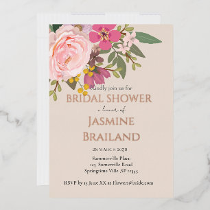Invitación Con Relieve Metalizado Pink Floral Garden Spring Bridal