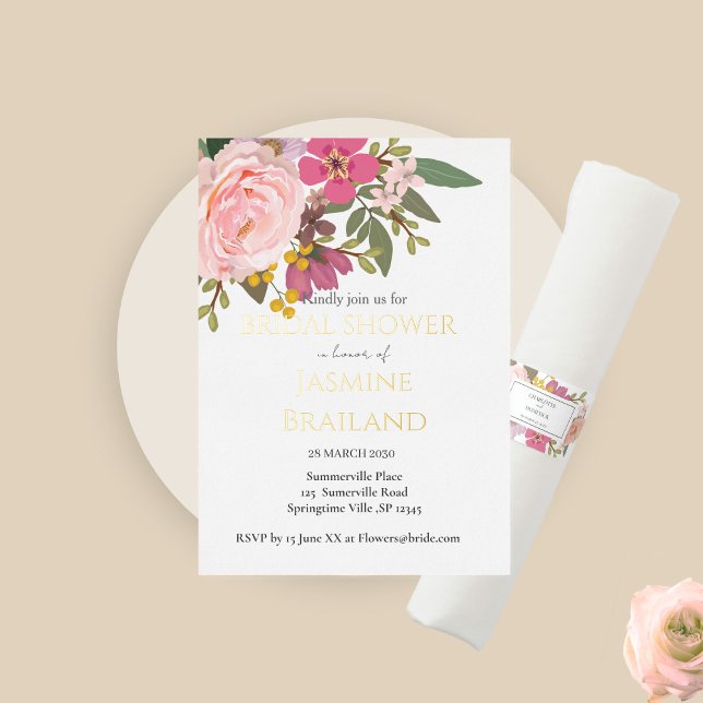Invitación Con Relieve Metalizado Pink Floral Garden Spring Bridal (Subido por el creador)