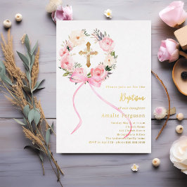 Invitación Con Relieve Metalizado Pink floral wreath cross bow girl baptism