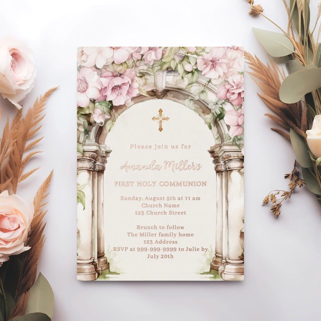 Invitación Con Relieve Metalizado Pink florals arch beige First Communion rose gold (Subido por el creador)