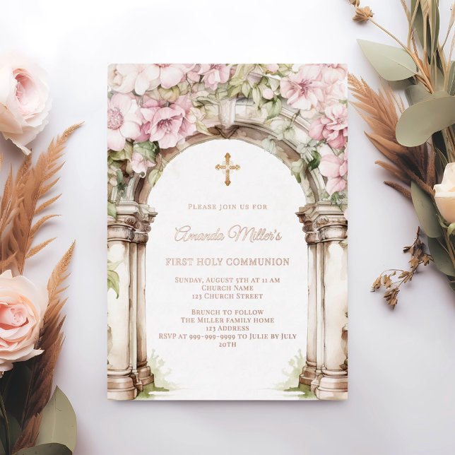 Invitación Con Relieve Metalizado Pink florals arch girl First Communion rose gold (Subido por el creador)