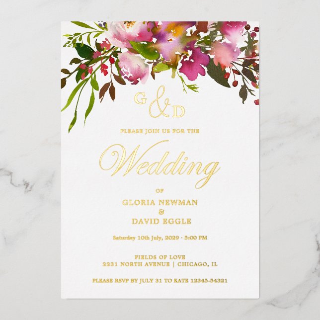 Invitación Con Relieve Metalizado Pink Fuchsia  Wedding   Real Gold Foil Invitation (Anverso)