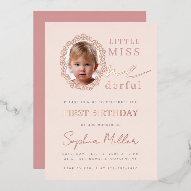 Invitación Con Relieve Metalizado Pink Girl Photo Floral Frame Little Miss Onederful (Anverso/Reverso)