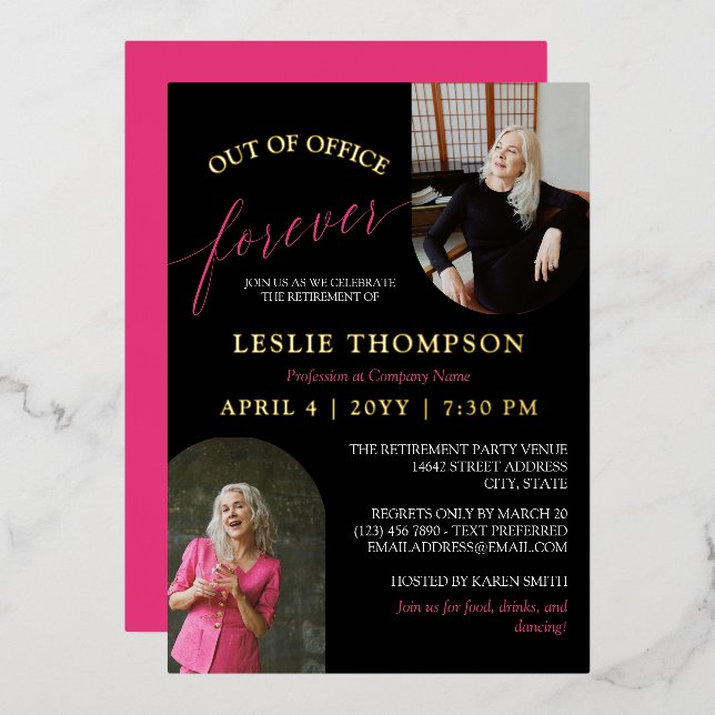 Invitación Con Relieve Metalizado Pink Gold 2 Photos Out of Office Retirement Party (Anverso/Reverso)