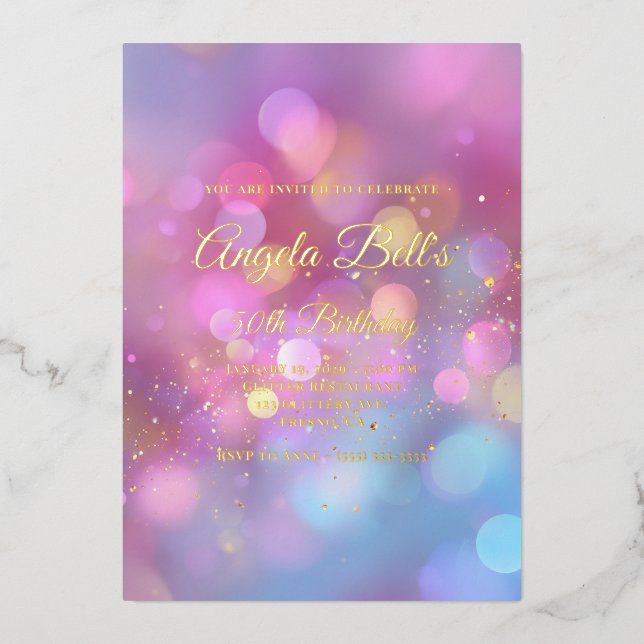 Invitación Con Relieve Metalizado Pink Gold and Blue Bokeh 50th Birthday (Anverso)