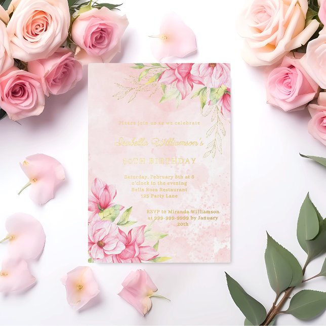 Invitación Con Relieve Metalizado Pink gold floral luxury birthday (Subido por el creador)