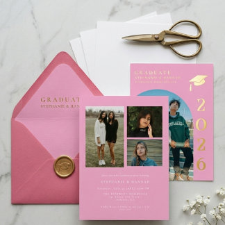 Invitación Con Relieve Metalizado Pink & Gold Photo Twin Graduation