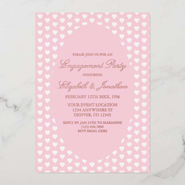 Invitación Con Relieve Metalizado Pink Hearts Engagement Party (Anverso)