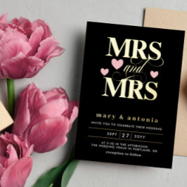 Invitación Con Relieve Metalizado Pink Hearts Gold Mrs & Mrs Lesbian Boda 2 en 1