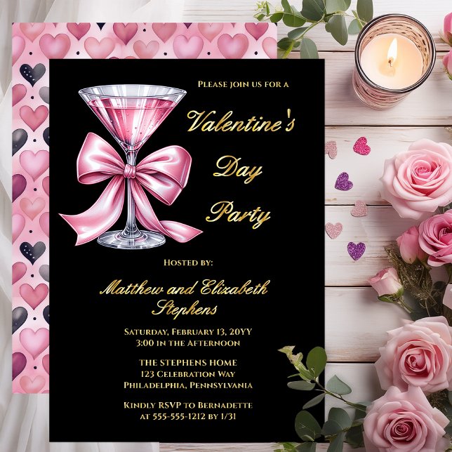 Invitación Con Relieve Metalizado Pink Martini Coquette Bow Valantine's Day Party (Valentine’s Day Party Gold Foil on Black Invitation | Pink Martini Bow Couple’s Valentine Invite)