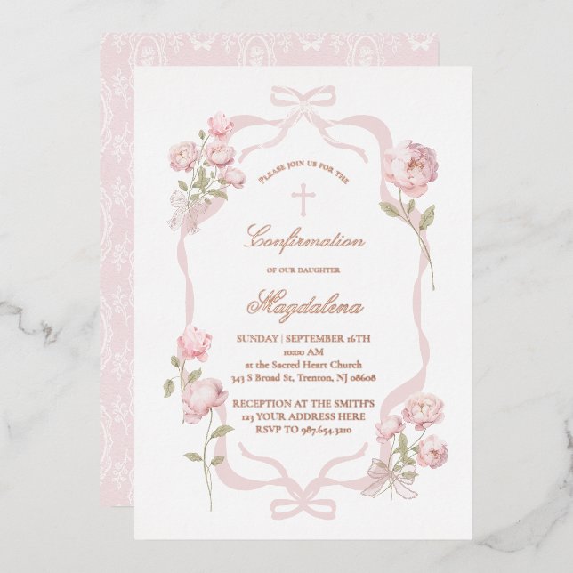 Invitación Con Relieve Metalizado pink peonies Confirmation girl (Anverso/Reverso)