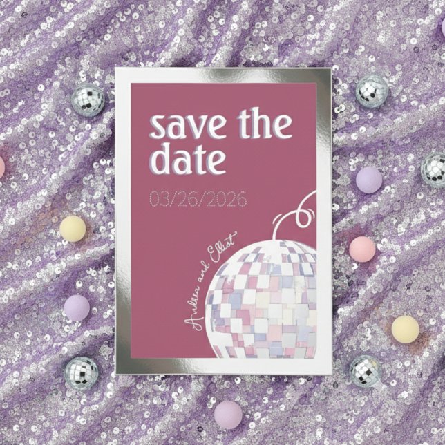 Invitación Con Relieve Metalizado Pink, Purple & Silver Disco Wedding Save the Date (Subido por el creador)
