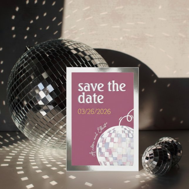 Invitación Con Relieve Metalizado Pink, Purple & Silver Disco Wedding Save the Date (Subido por el creador)