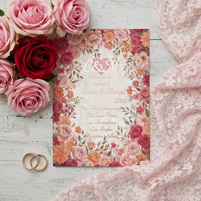 Invitación Con Relieve Metalizado Pink & Red Romantic Rose Spring Floral Wedding (Flat lay pink red watercolor floral vintage spring garden romantic wedding foil invitation)