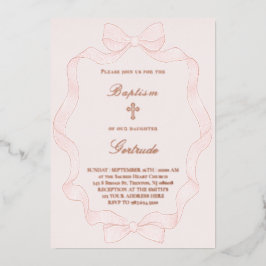 Invitación Con Relieve Metalizado  pink ribbon frame Baptism Invitation
