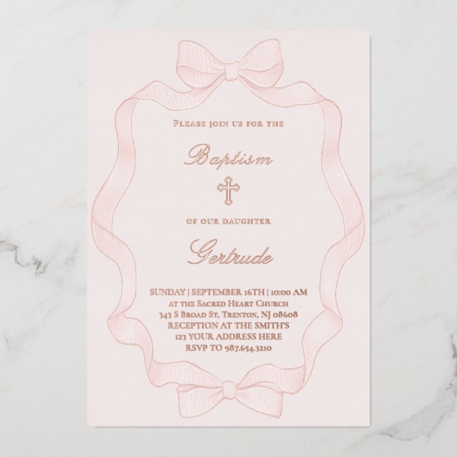 Invitación Con Relieve Metalizado  pink ribbon frame Baptism Invitation (Anverso)