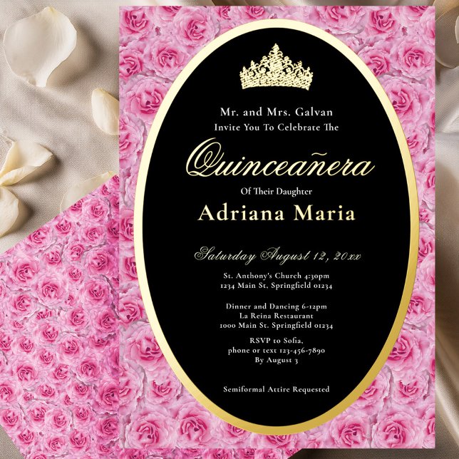 Invitación Con Relieve Metalizado Pink Roses Elegant Gold Floral Quinceanera   (Subido por el creador)