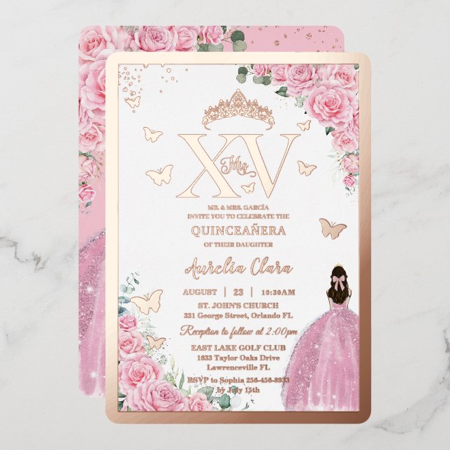 Invitación Con Relieve Metalizado Pink Roses Floral Quinceanera Mis XV Rose Gold (Anverso/Reverso)