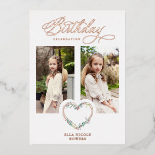 Invitación Con Relieve Metalizado Pink Shades Birthday 2 Photos Floral Heart