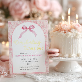 Invitación Con Relieve Metalizado Pink Toile Coquette Bow Primer Chica de cumpleaños