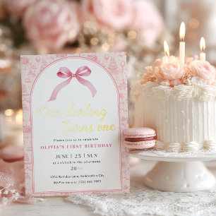 Invitación Con Relieve Metalizado Pink Toile Coquette Bow Primer Chica de cumpleaños