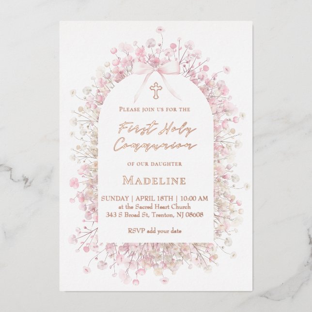 Invitación Con Relieve Metalizado pink white flowers First Communion (Anverso)
