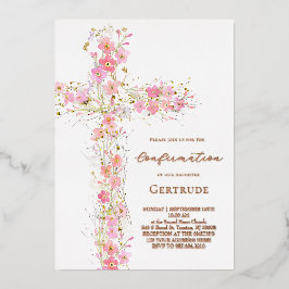 Invitación Con Relieve Metalizado pink wildflowers cross Confirmation