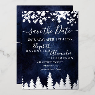 Invitación Con Relieve Metalizado pino nevado azul marino Navidad Guarde la Fecha