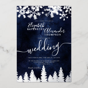 Invitación Con Relieve Metalizado Pino nevado plateado boda de invierno naval de Nav