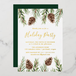 Invitación Con Relieve Metalizado Piñon de acuarela de invierno Fiesta de vacaciones