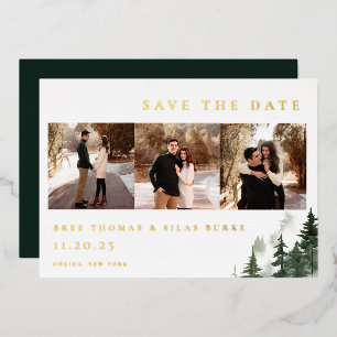 Invitación Con Relieve Metalizado Pinos del Bosque Salvaje Foto Guardar la Fecha