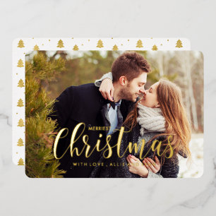 Invitación Con Relieve Metalizado Pinos Navideños Dorados Foto Saludo