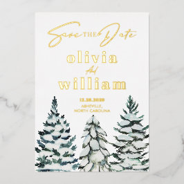 Invitación Con Relieve Metalizado Pinos Nieve Invierno Navidad Guardar La Fecha