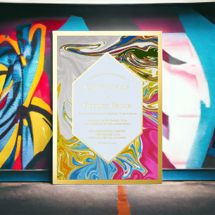 Invitación Con Relieve Metalizado Pintura abstracta elegante colorida boda dorada