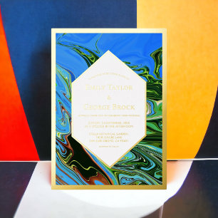 Invitación Con Relieve Metalizado Pintura abstracta minimalista azul verde boda dora