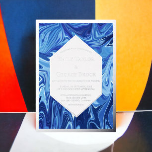 Invitación Con Relieve Metalizado Pintura al óleo azul abstracto moderno boda plata