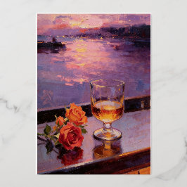 Invitación Con Relieve Metalizado Pintura al óleo de vino y rosas al atardecer