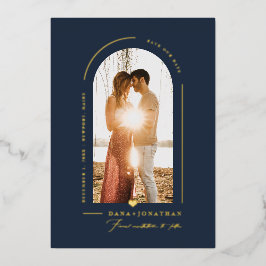 Invitación Con Relieve Metalizado PixDezines color DIY Slate Blue Arch Save Date