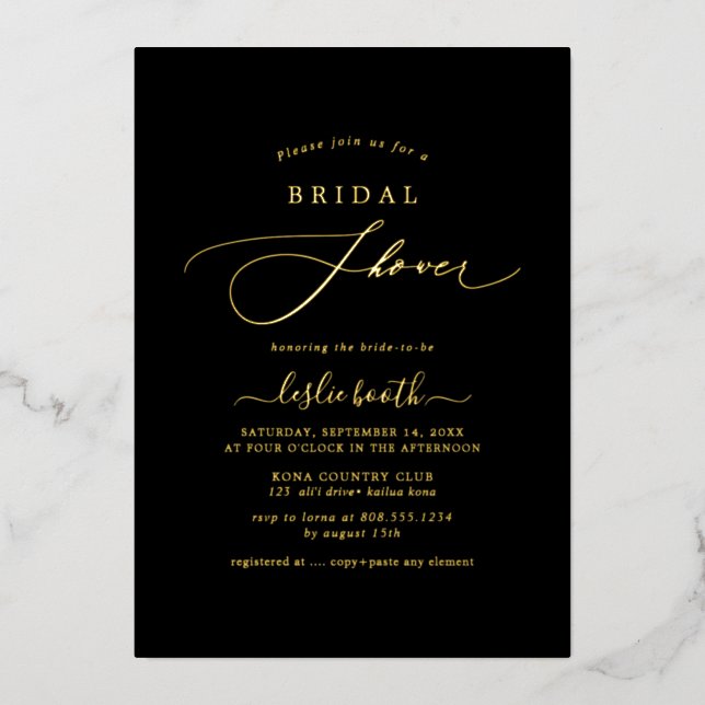 Invitación Con Relieve Metalizado PixDezines Elegant Luxe Caligraphy Ducha de novias (Anverso)