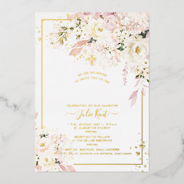 Invitación Con Relieve Metalizado PixDezines H2 Hortensias Rosas Beige Bautizo