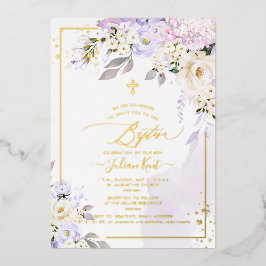 Invitación Con Relieve Metalizado PixDezines H2 Hortensias Rosas Crema Bautizo Hoja 