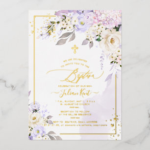 Invitación Con Relieve Metalizado PixDezines H2 Hortensias Rosas Crema Bautizo Hoja 