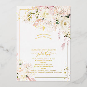 Invitación Con Relieve Metalizado PixDezines H2 Hortensias Rosas Sonrosadas Bautizo