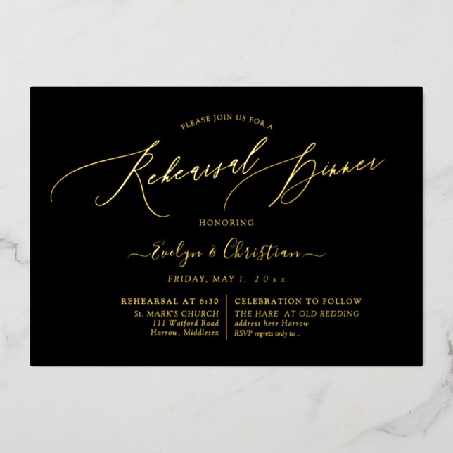 Invitación Con Relieve Metalizado PixDezines Luxe Caligrafía Ensayo Cena Real (Anverso)