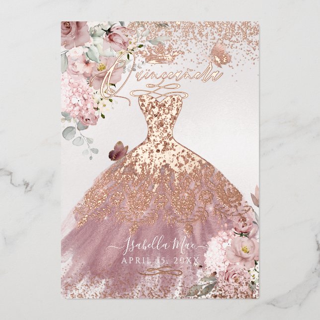 Invitación Con Relieve Metalizado PixDezines Quinceanera Dusty Rosa Gold Gown (Anverso)