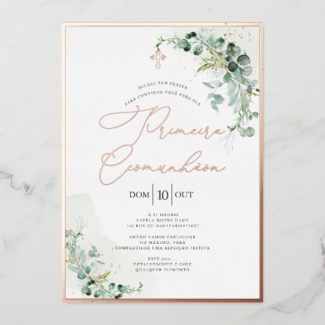 Invitación Con Relieve Metalizado PixDezines Rosa Eucalyptus Primeira Comunhão (Anverso)