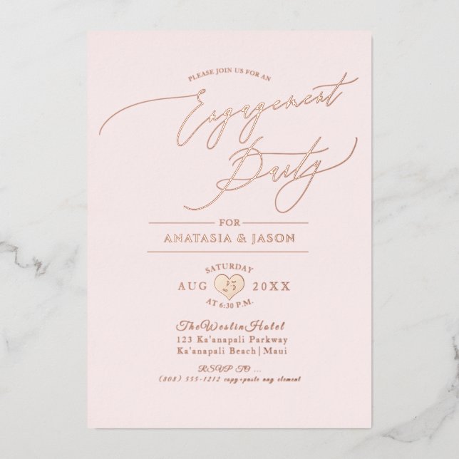 Invitación Con Relieve Metalizado PixDezines Rosa Gold Luxe Caligraphy Engagement (Anverso)