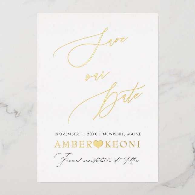 Invitación Con Relieve Metalizado PixDezines Salva la fecha Caligrafía de lujo (Anverso)