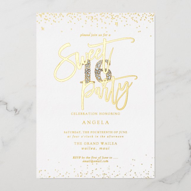 Invitación Con Relieve Metalizado PixDezines Sweet 16 Diamond Silver Gold (Anverso)