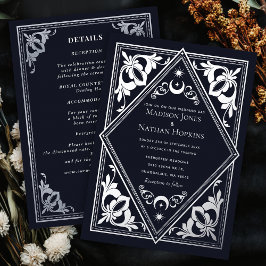 Invitación Con Relieve Metalizado Plata Art Nouveau Tarot Boda gótico todo en uno